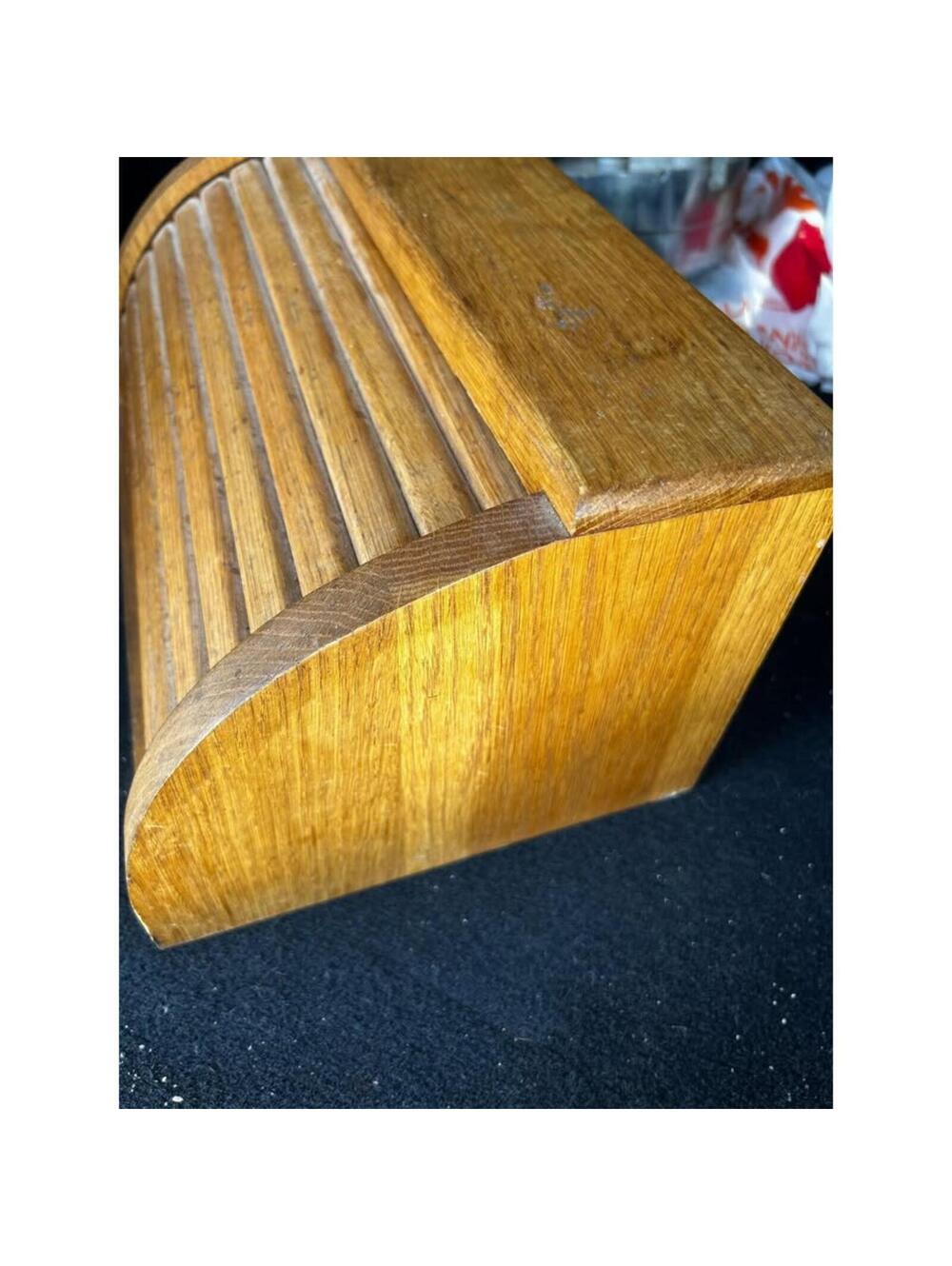 Vintage Wooden Bread Box with Roll-Top Lid